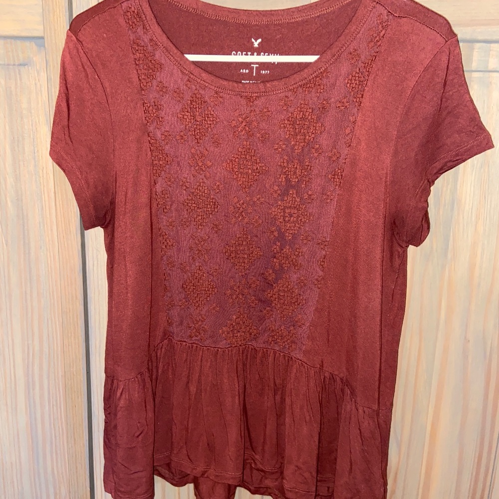 American Eagle Shirt w/Ruffle and Embroidery Detail